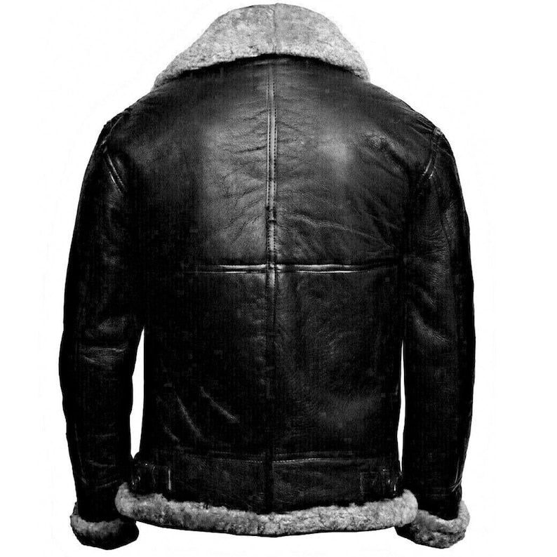 Men's Black Real Leather Shearling Sheepskin Aviator Flight Fur Bomber Pilot Jacket