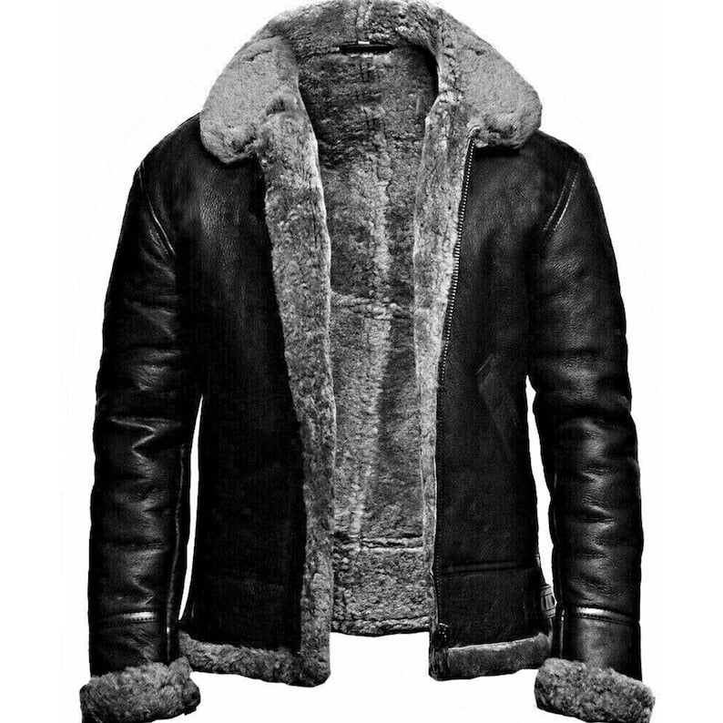 Men's Black Real Leather Shearling Sheepskin Aviator Flight Fur Bomber Pilot Jacket