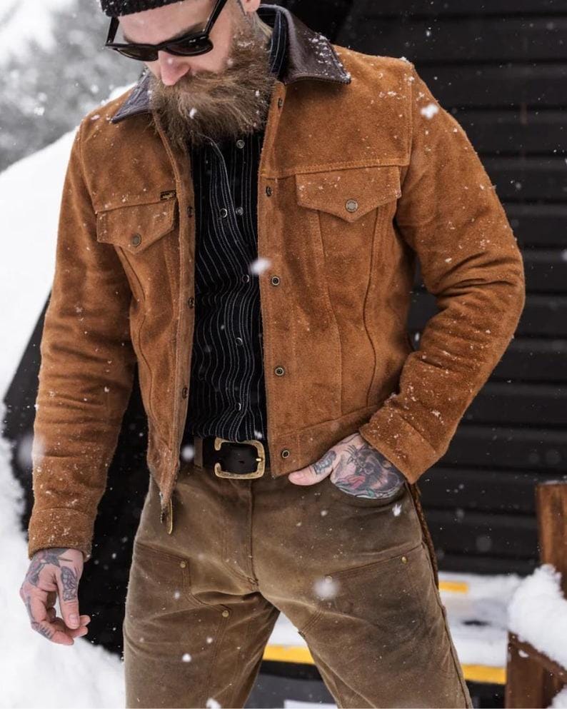 Handmade Brown Suede Leather Trucker Jacket: Men's Western Style - RoscowLeatherStudio