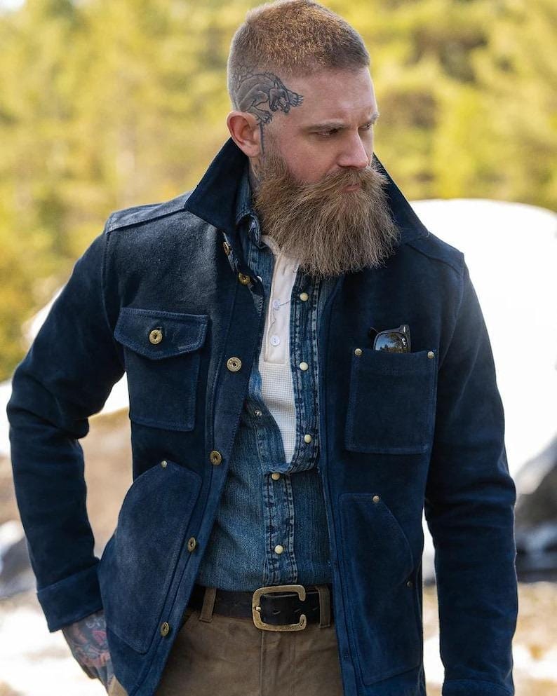 Handmade Blue Suede Leather Trucker Jacket: Men's Western Bomber Style - RoscowLeatherStudio