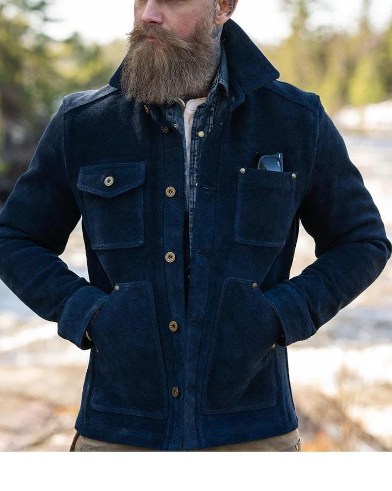 Handmade Blue Suede Leather Trucker Jacket: Men's Western Bomber Style - RoscowLeatherStudio