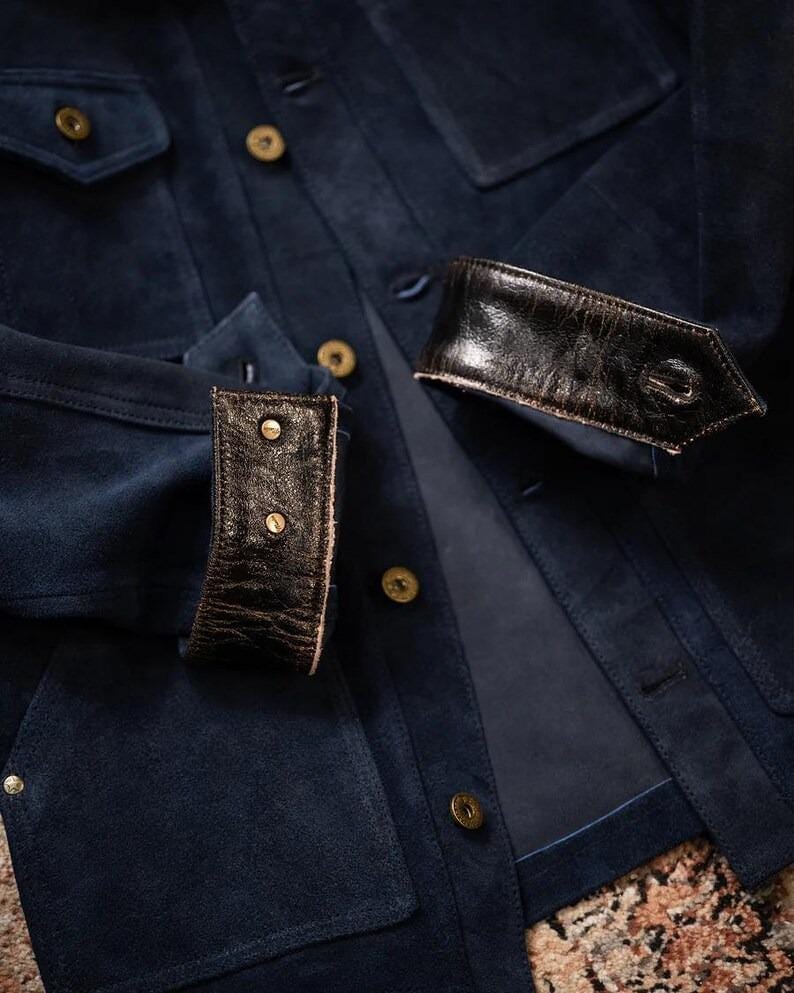 Handmade Blue Suede Leather Trucker Jacket: Men's Western Bomber Style - RoscowLeatherStudio