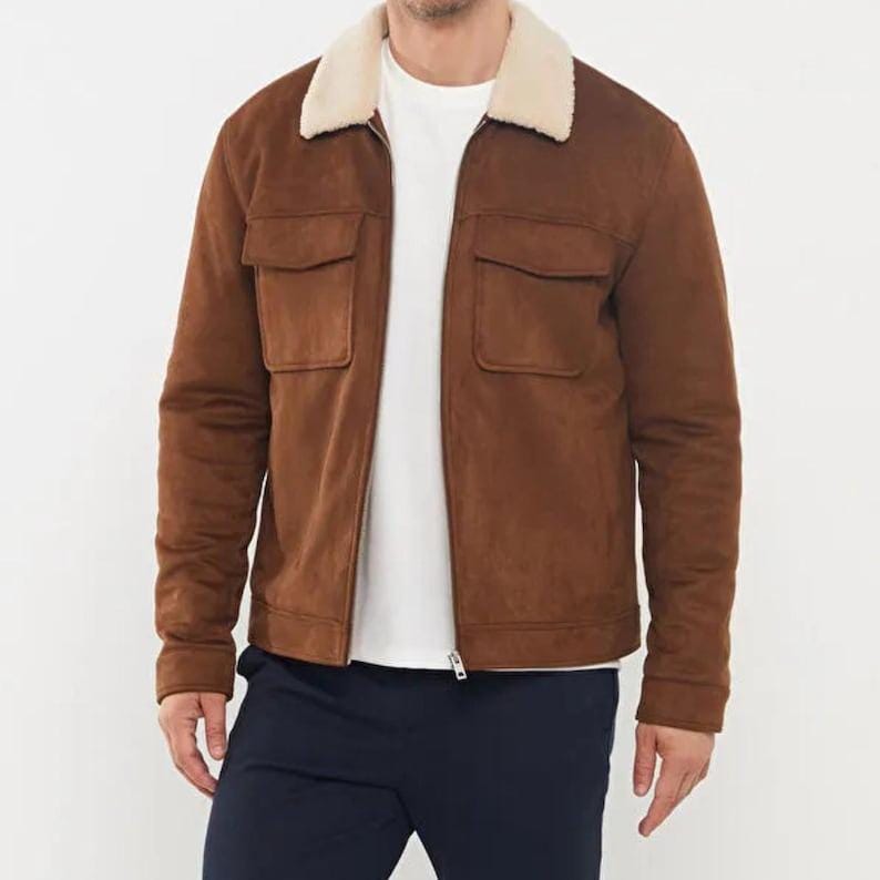 Handmade Brown Suede Leather Trucker Jacket, Western Bomber Style - RoscowLeatherStudio