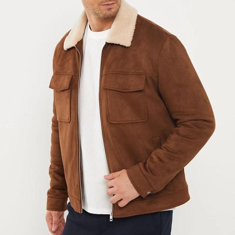 Handmade Brown Suede Leather Trucker Jacket, Western Bomber Style - RoscowLeatherStudio