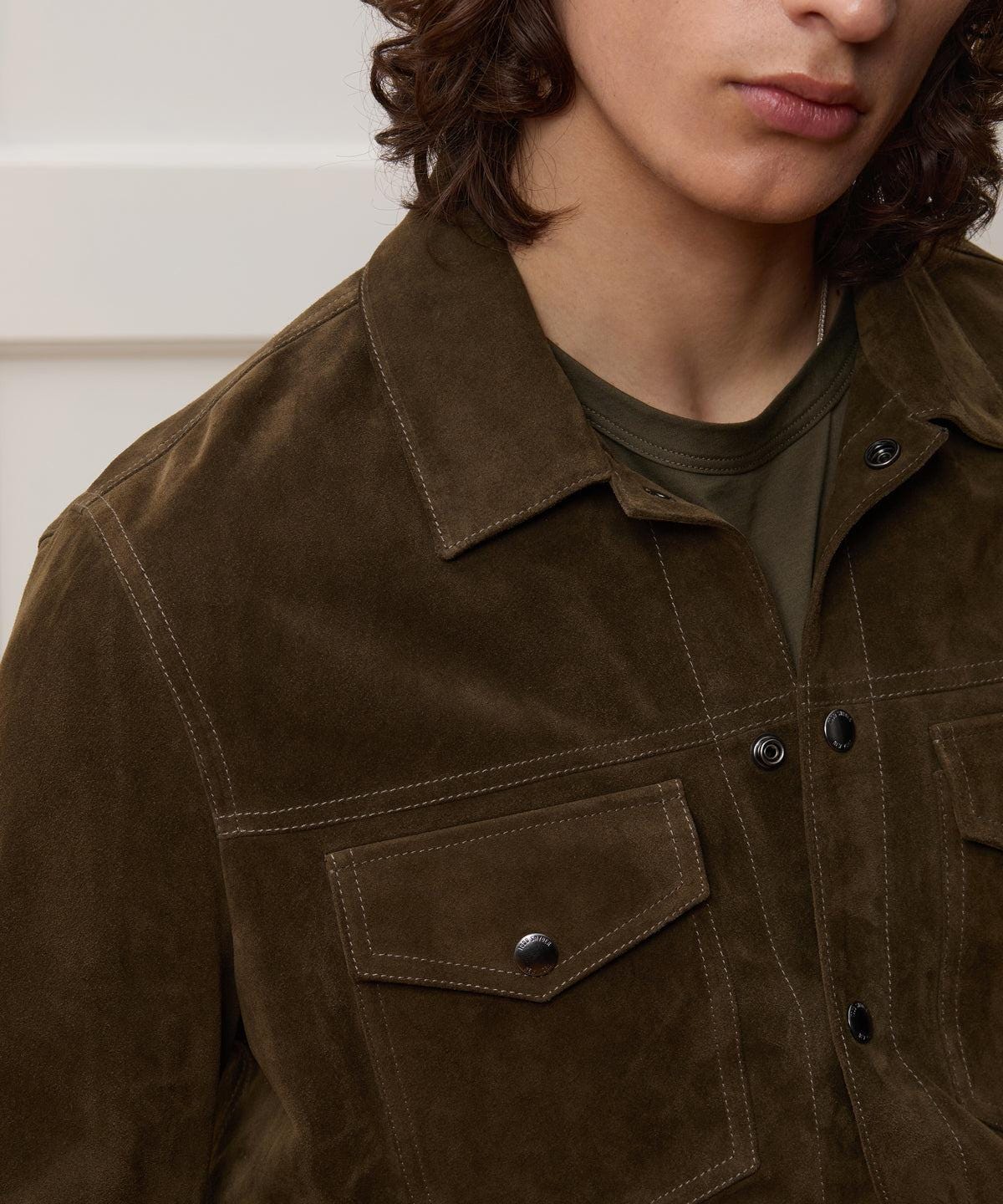 Handmade Suede Leather Trucker Jacket, Brown Western Bomber Style - RoscowLeatherStudio