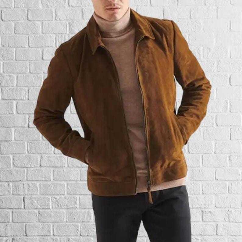 Handmade Brown Suede Leather Trucker Jacket â€“ Men's Western Bomber - RoscowLeatherStudio