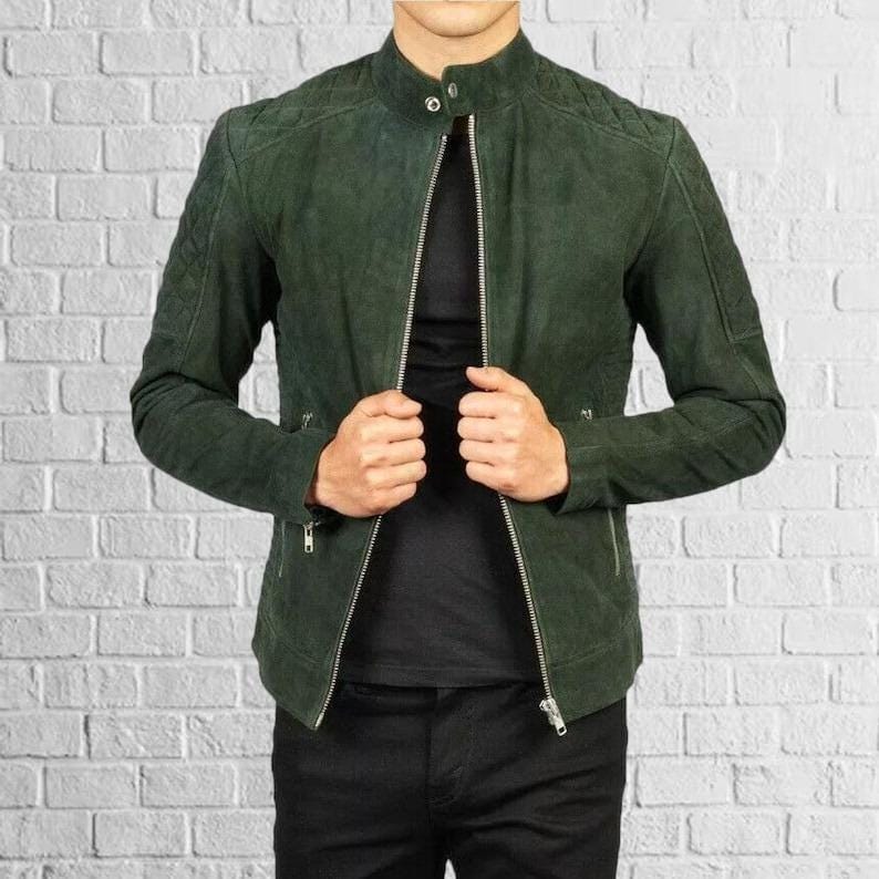 Handmade Olive Brown Suede Leather Jacket - Western Bomber Style - RoscowLeatherStudio