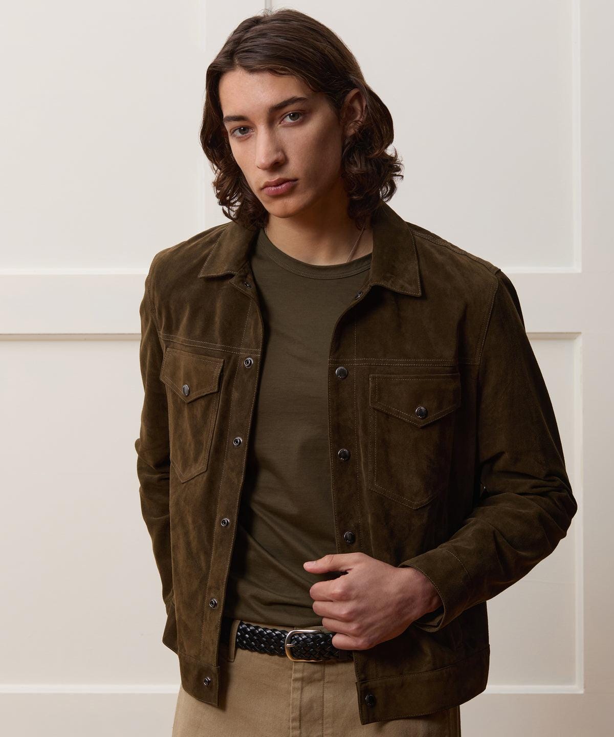 Handmade Suede Leather Trucker Jacket, Brown Western Bomber Style - RoscowLeatherStudio