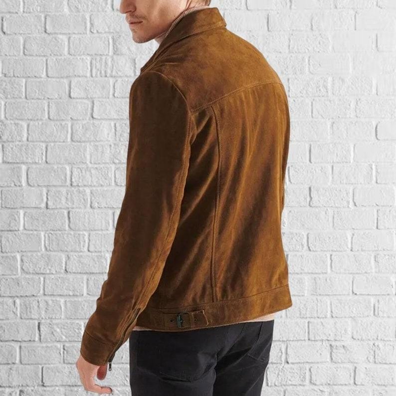 Handmade Brown Suede Leather Trucker Jacket â€“ Men's Western Bomber - RoscowLeatherStudio