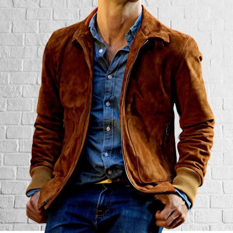 Handmade Brown  Stylish Suede Leather Trucker Jacket for Men  Premium and Durable Quality * Trucker Suede Jacket 100% Genuine Leather Jacket - RoscowLeatherStudio