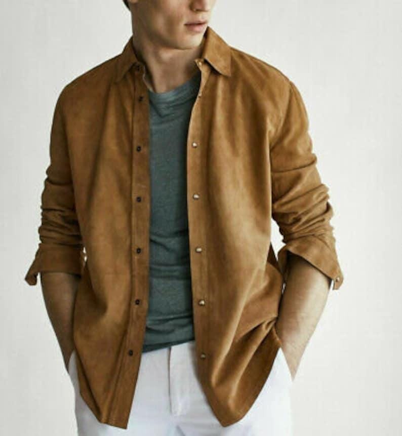 Handmade Suede Leather Trucker Jacket: Brown Western Style - RoscowLeatherStudio