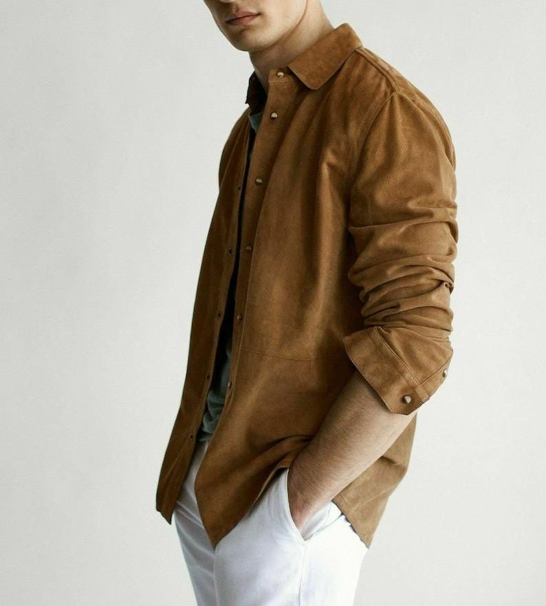 Handmade Suede Leather Trucker Jacket: Brown Western Style - RoscowLeatherStudio