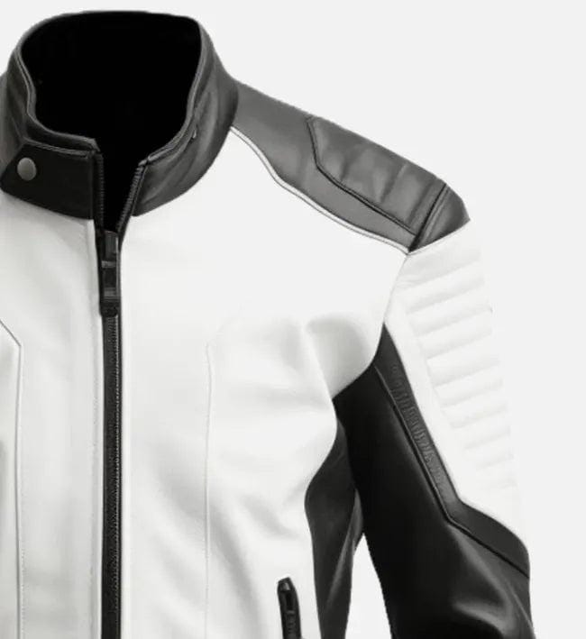 Handmade Black & White Leather Biker Jacket: Classic Motorcycle Style - RoscowLeatherStudio