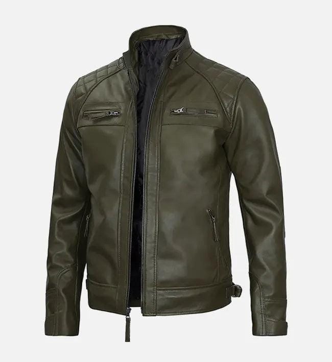 Handmade Olive Green Leather Biker Jacket: Men's Motorcycle Style - RoscowLeatherStudio