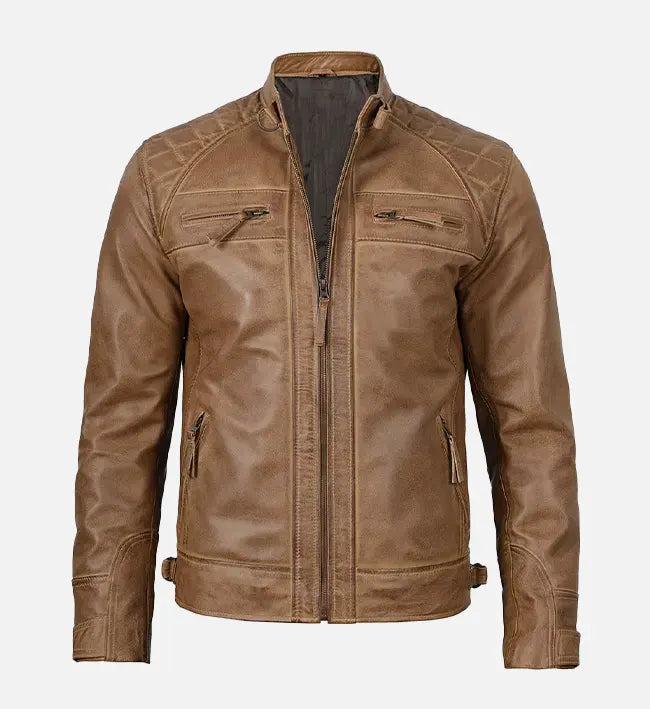 Handmade Camel Brown Leather Biker Jacket: Classic Motorcycle Style - RoscowLeatherStudio