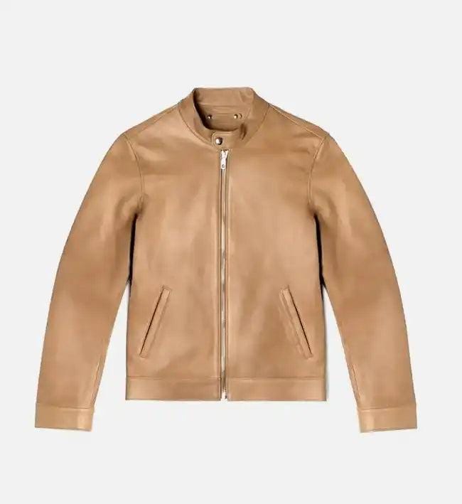 Handmade Tan Cafe Racer Leather Biker Jacket: Men's Motorcycle Style - RoscowLeatherStudio