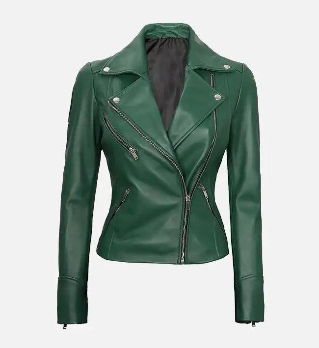 Handmade Green Leather Biker Jacket: Moto Style Women's Outerwear - RoscowLeatherStudio