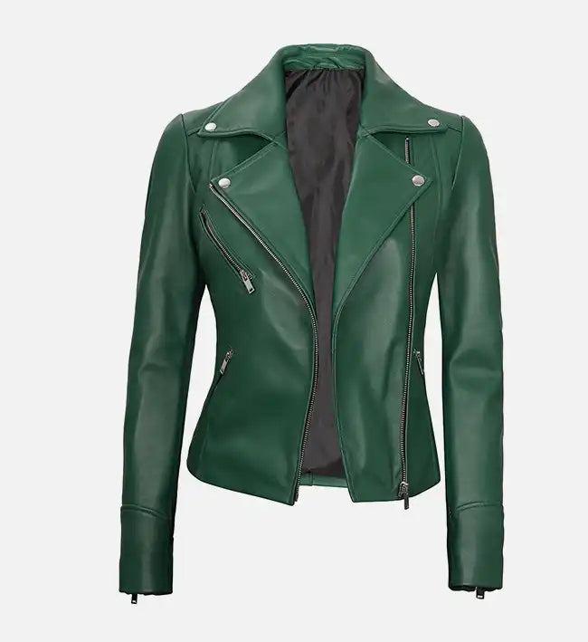 Handmade Green Leather Biker Jacket: Moto Style Women's Outerwear - RoscowLeatherStudio