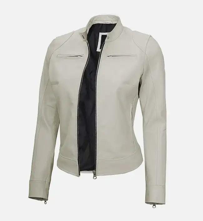 Handmade White Leather Biker Jacket: Women's Classic Motorcycle Style - RoscowLeatherStudio
