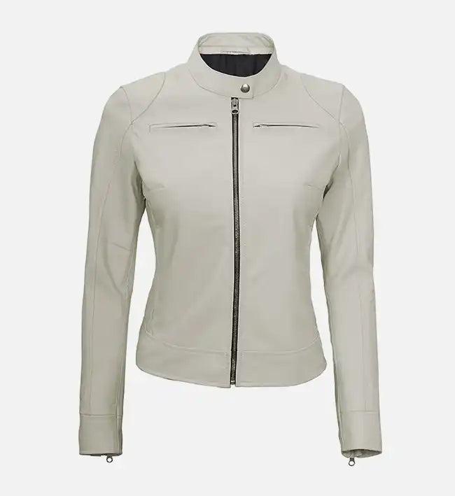 Handmade White Leather Biker Jacket: Women's Classic Motorcycle Style - RoscowLeatherStudio