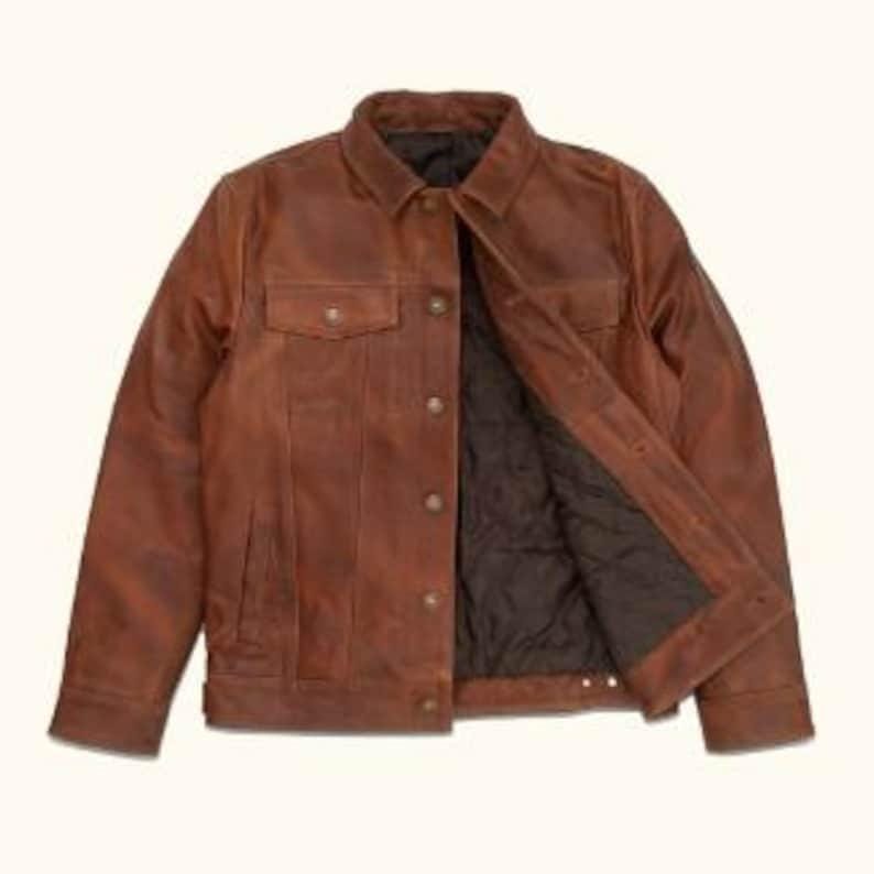 Handmade Suede Leather Trucker Jacket, Western Style, Brown - RoscowLeatherStudio