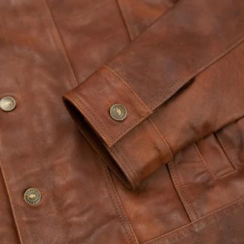 Handmade Suede Leather Trucker Jacket, Western Style, Brown - RoscowLeatherStudio