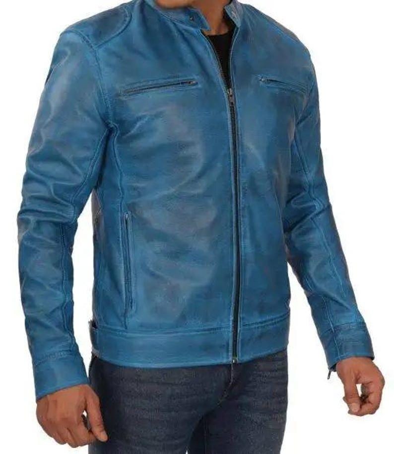 Handmade Blue Suede Leather Trucker Jacket, Western Bomber Style - RoscowLeatherStudio