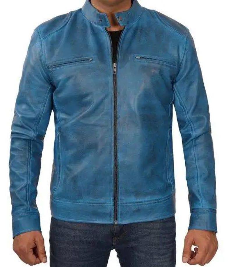 Handmade Blue Suede Leather Trucker Jacket, Western Bomber Style - RoscowLeatherStudio