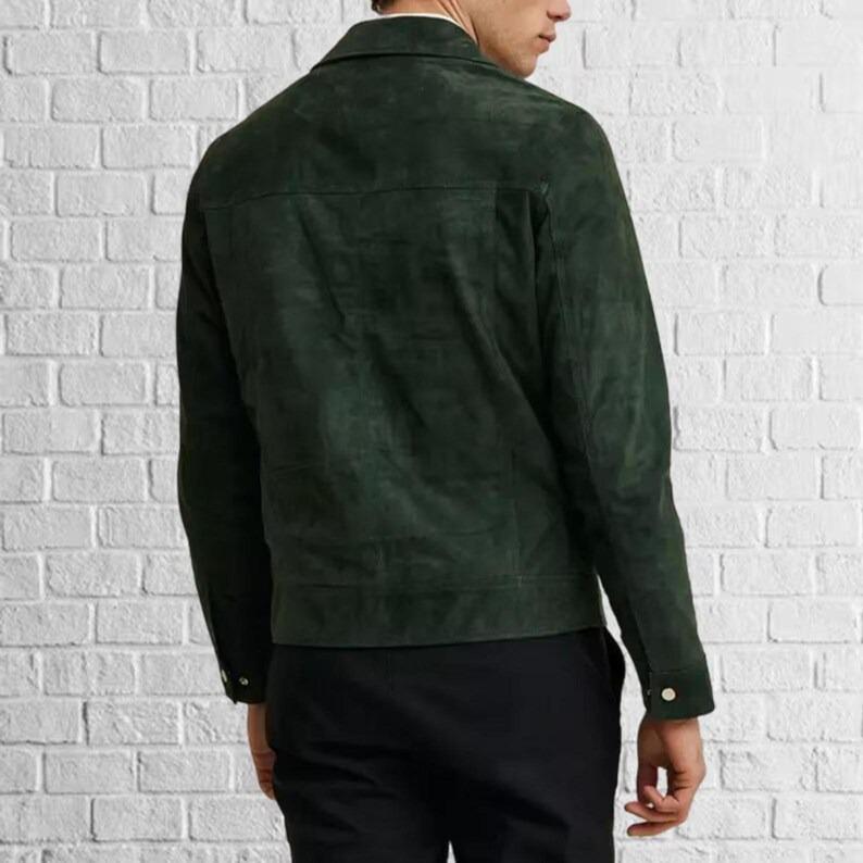 Handmade Olive Green Suede Leather Trucker Jacket - Men's Western Bomber - RoscowLeatherStudio