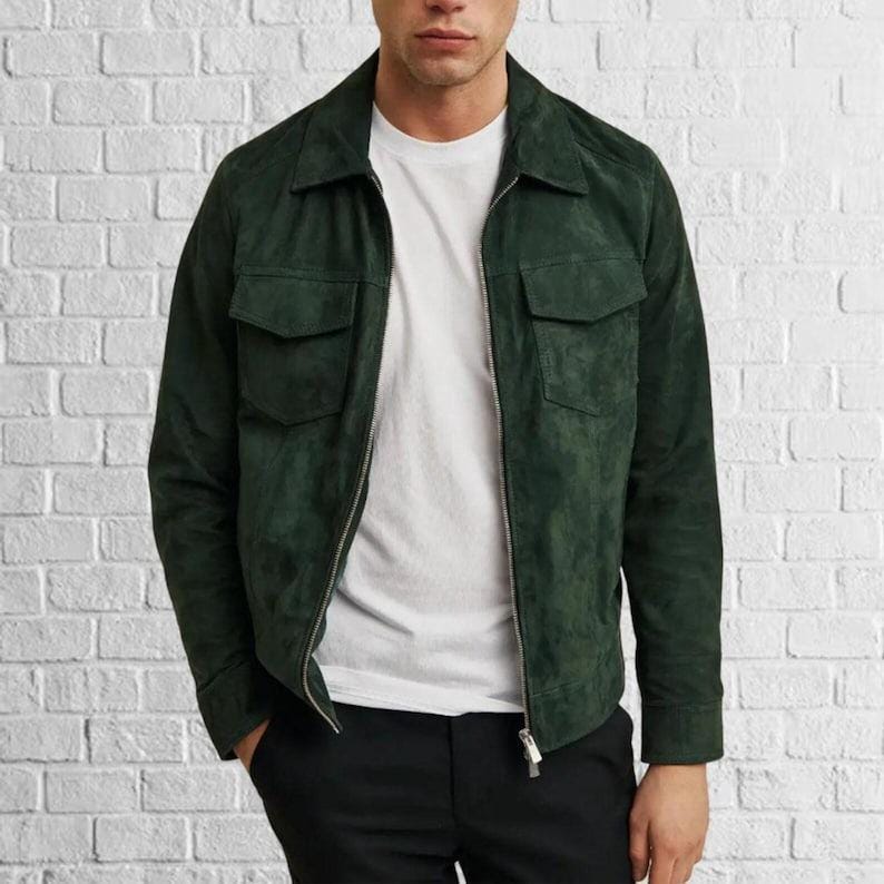 Handmade Olive Green Suede Leather Trucker Jacket - Men's Western Bomber - RoscowLeatherStudio