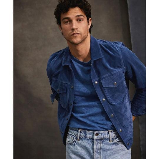 Handmade Blue Suede Leather Trucker Jacket, Western Style - RoscowLeatherStudio