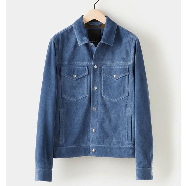Handmade Blue Suede Leather Trucker Jacket, Western Style - RoscowLeatherStudio