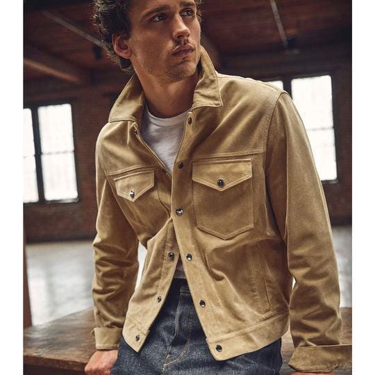 Handmade Khaki Suede Leather Trucker Jacket - Western Bomber Style - RoscowLeatherStudio