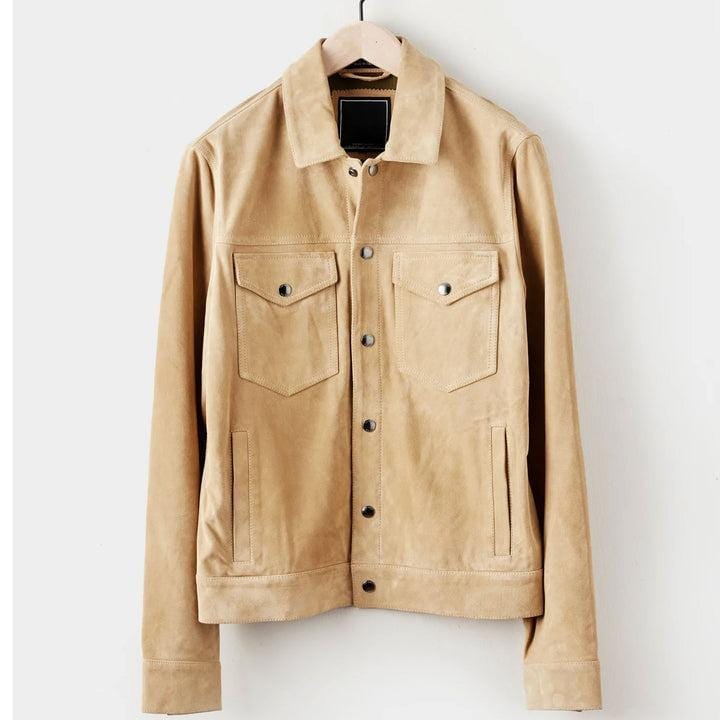 Handmade Khaki Suede Leather Trucker Jacket - Western Bomber Style - RoscowLeatherStudio