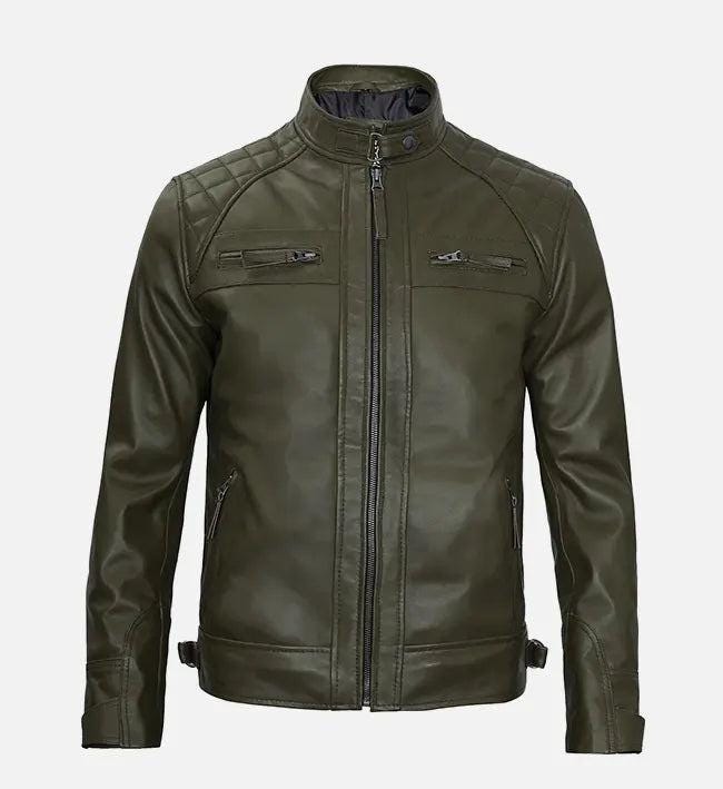 Handmade Olive Green Leather Biker Jacket: Men's Motorcycle Style - RoscowLeatherStudio