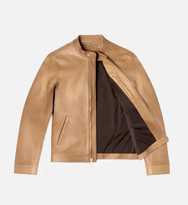 Handmade Tan Cafe Racer Leather Biker Jacket: Men's Motorcycle Style - RoscowLeatherStudio