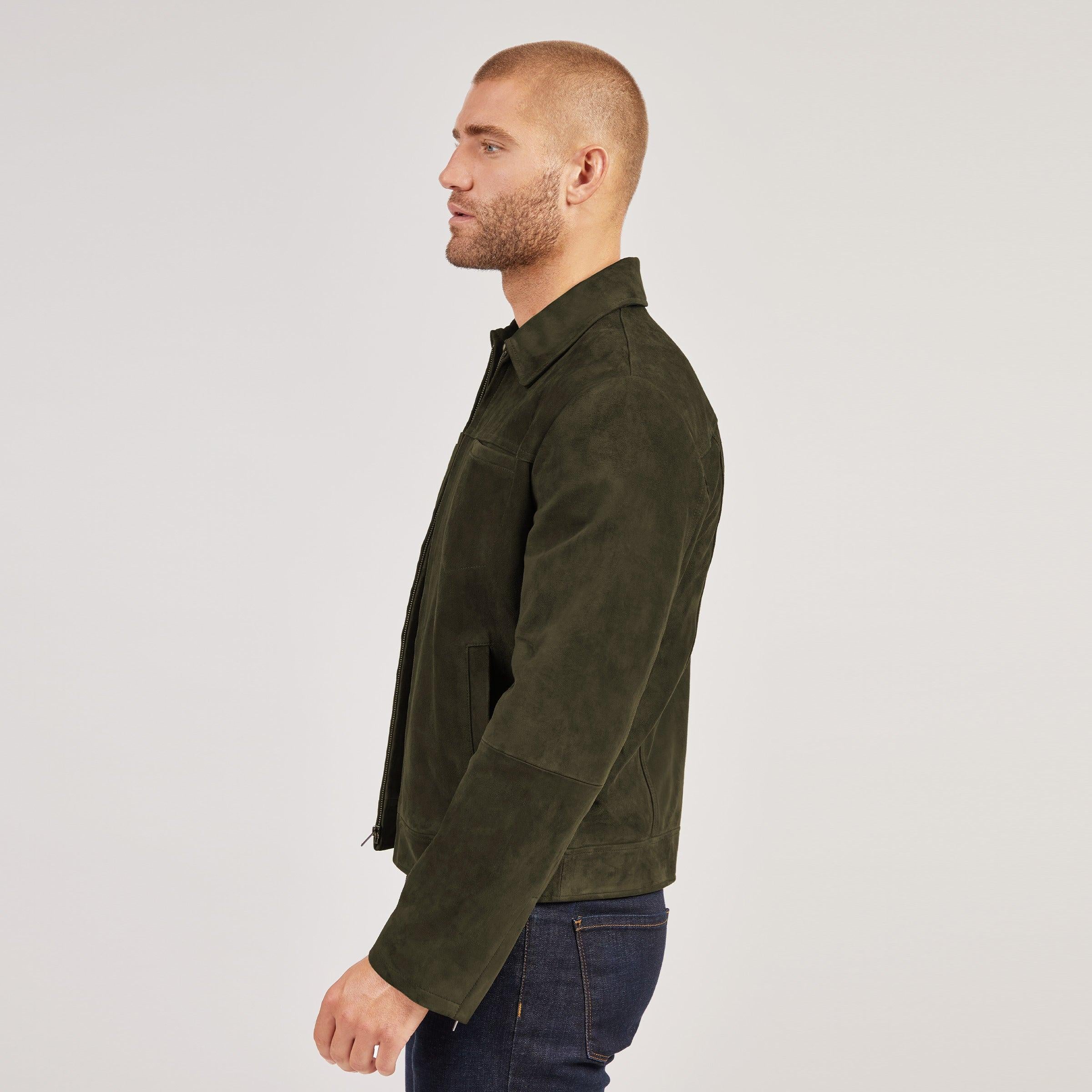 Handmade Olive Green Suede Leather Trucker Jacket - RoscowLeatherStudio