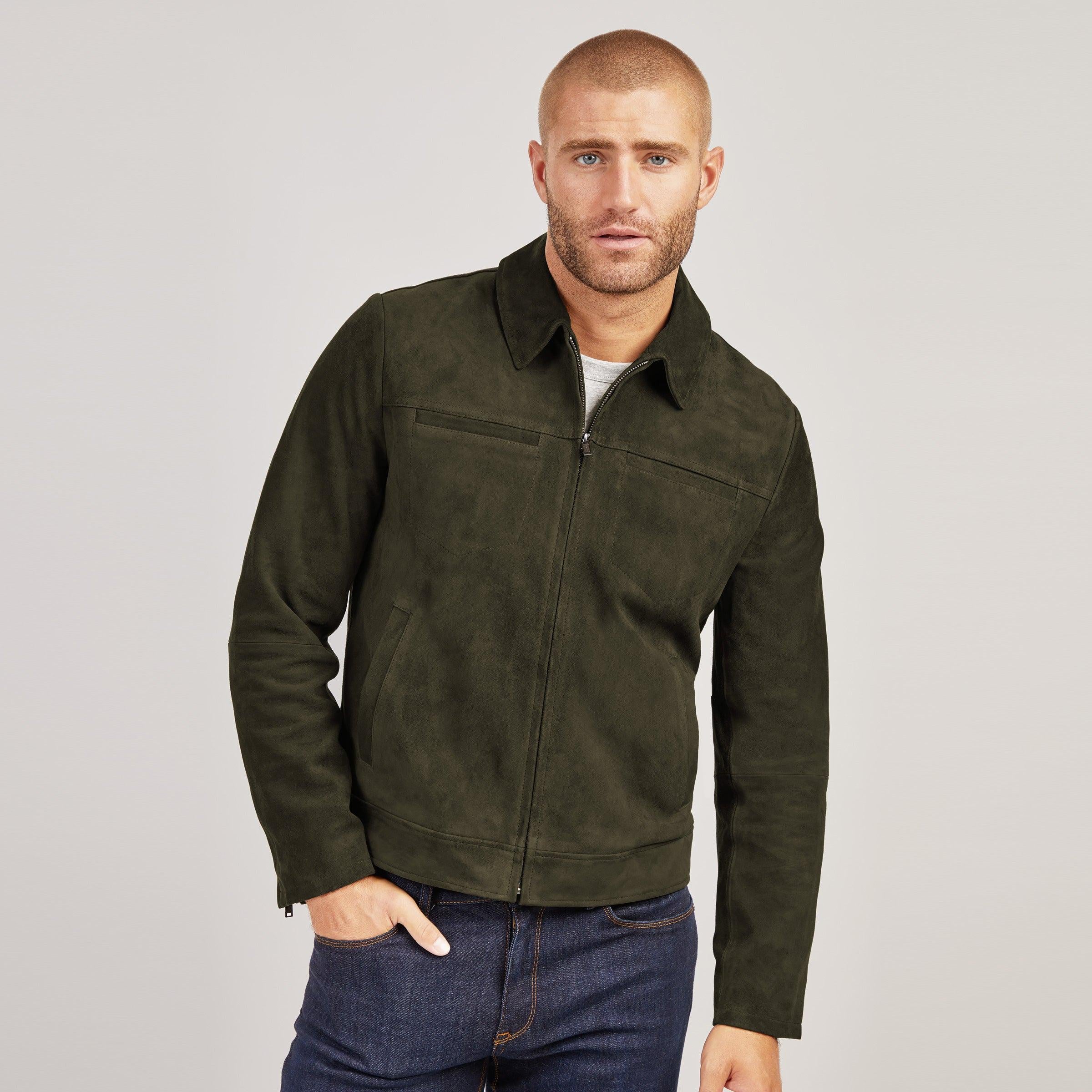 Handmade Olive Green Suede Leather Trucker Jacket - RoscowLeatherStudio