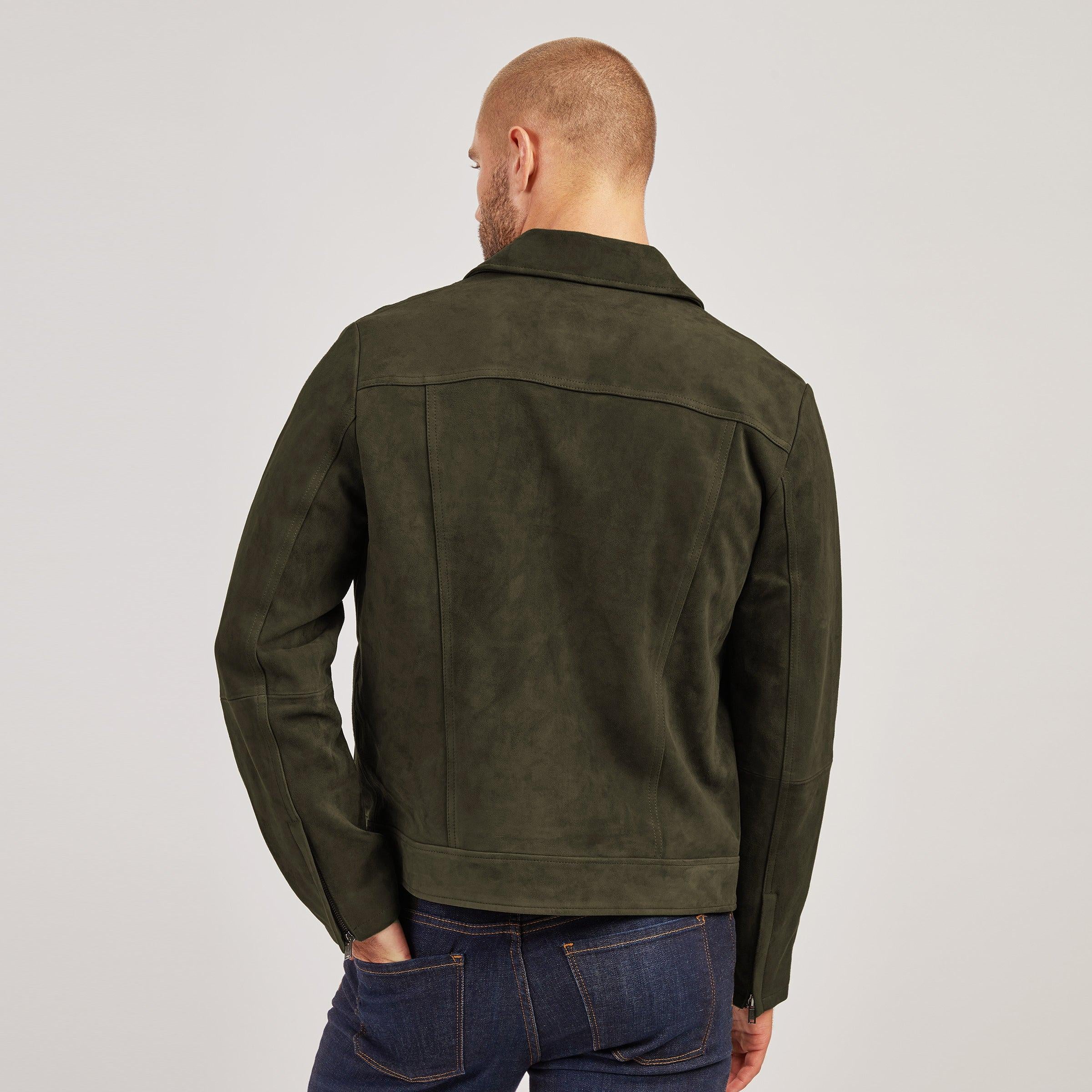 Handmade Olive Green Suede Leather Trucker Jacket - RoscowLeatherStudio