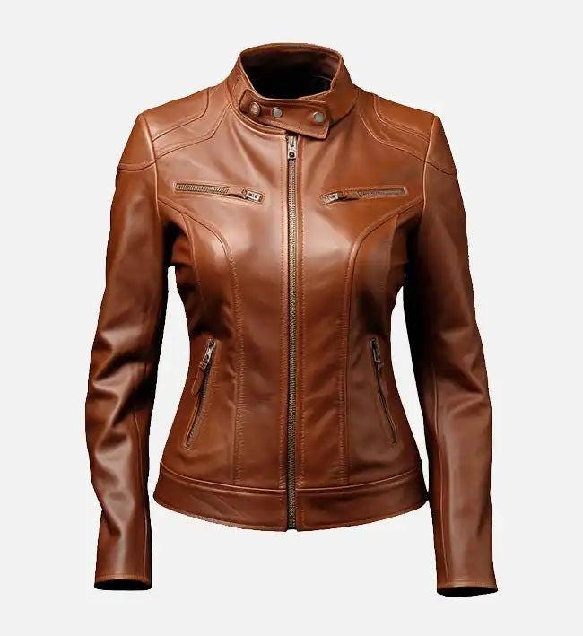 Handmade Brown Leather Cafe Racer Jacket: Women's Biker Style - RoscowLeatherStudio