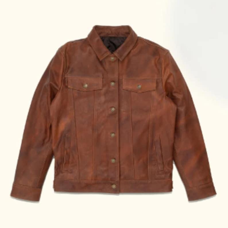 Handmade Suede Leather Trucker Jacket, Western Style, Brown - RoscowLeatherStudio