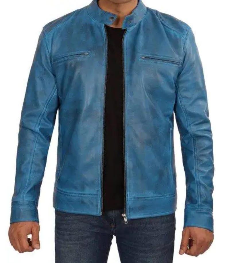 Handmade Blue Suede Leather Trucker Jacket, Western Bomber Style - RoscowLeatherStudio