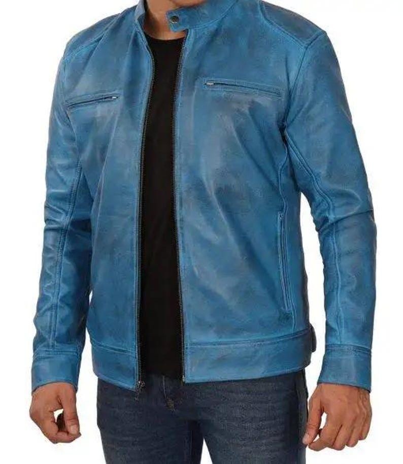 Handmade Blue Suede Leather Trucker Jacket, Western Bomber Style - RoscowLeatherStudio