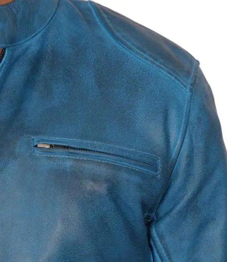 Handmade Blue Suede Leather Trucker Jacket, Western Bomber Style - RoscowLeatherStudio