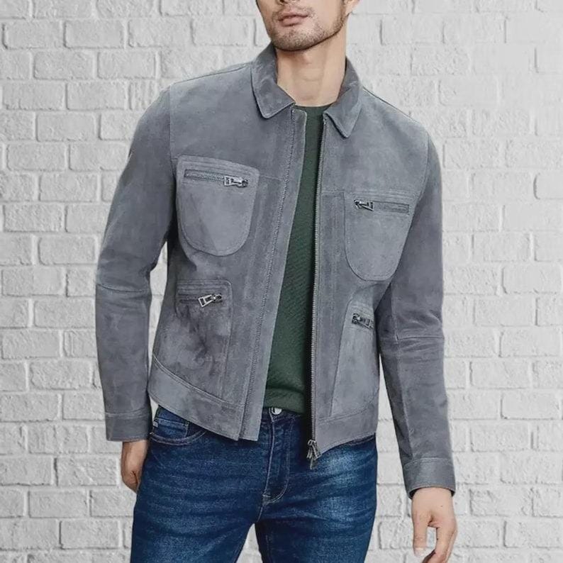 Handmade Gray Suede Leather Trucker Jacket: Men's Western Bomber - RoscowLeatherStudio