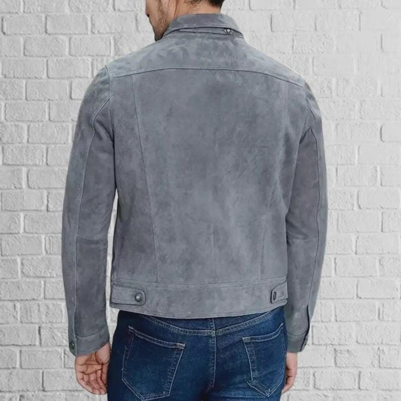 Handmade Gray Suede Leather Trucker Jacket: Men's Western Bomber - RoscowLeatherStudio