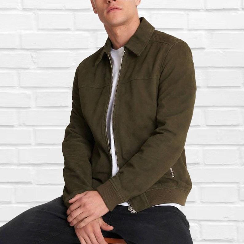 Handmade Olive Green Suede Trucker Jacket - Genuine Leather, Western Style - RoscowLeatherStudio