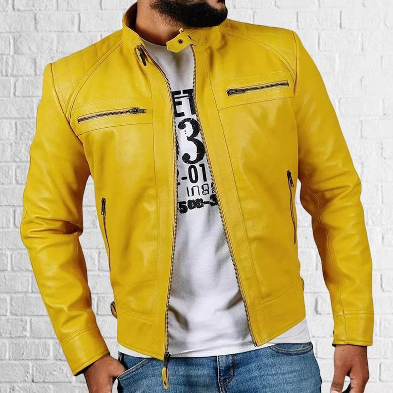 Handmade Yellow Leather Biker Jacket, Genuine Suede, Western Bomber Style - RoscowLeatherStudio