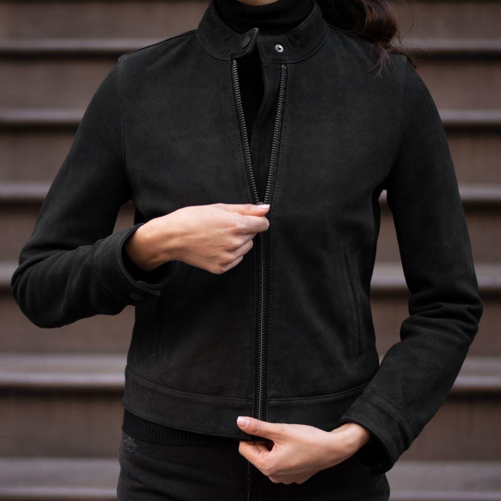 Handmade Black Suede Leather Trucker Jacket: Women's Western Biker Style - RoscowLeatherStudio