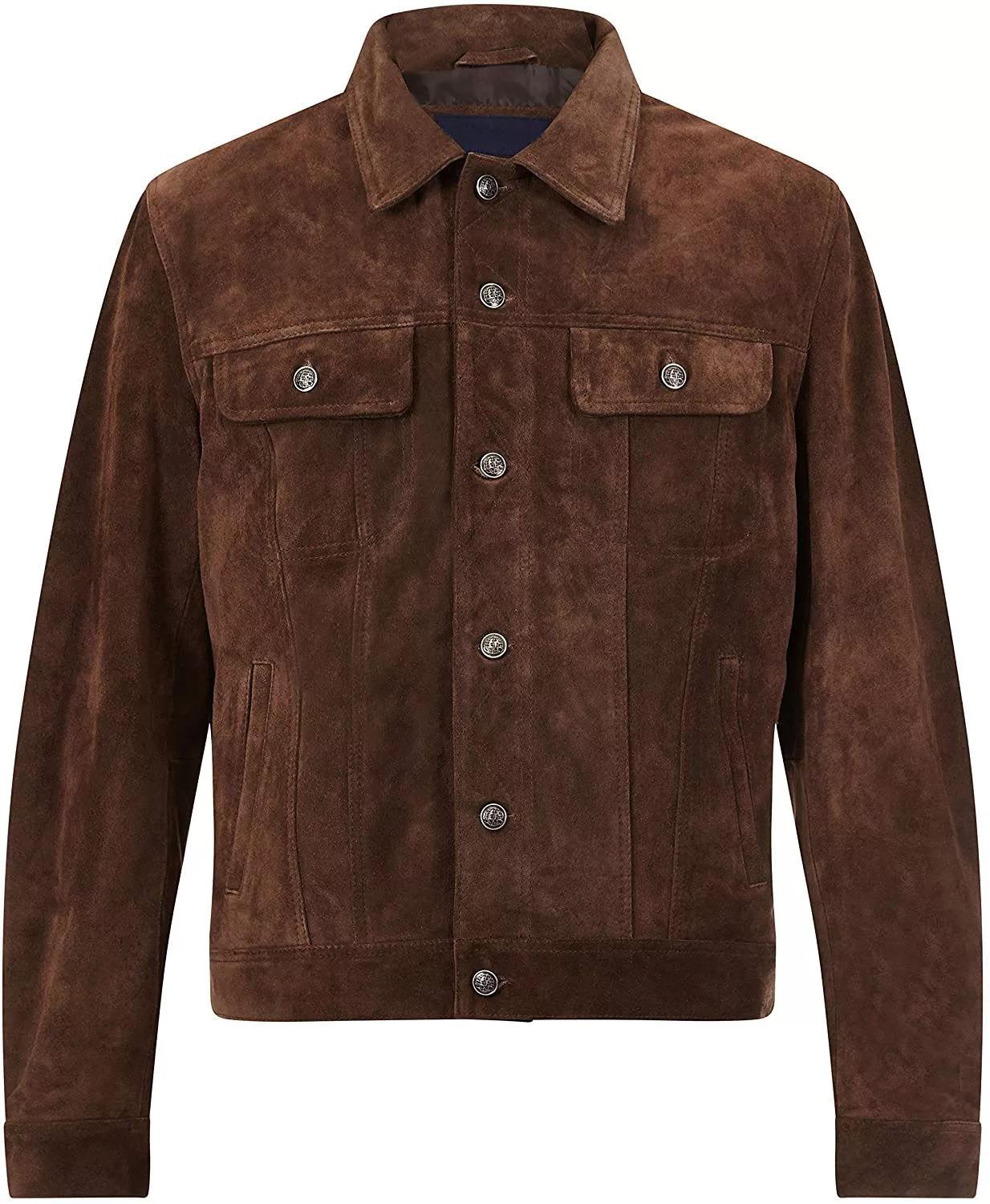 Handmade Dark Brown Suede Leather Trucker Jacket - Western Bomber Style - RoscowLeatherStudio
